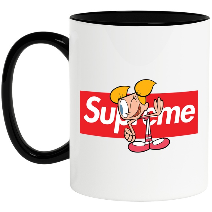 Cana Cu Laboratorul lui Dexter, Cu Textul "Supreme" - Design 5, Ceramica, 330ML, Cu Maner si Interior Negru