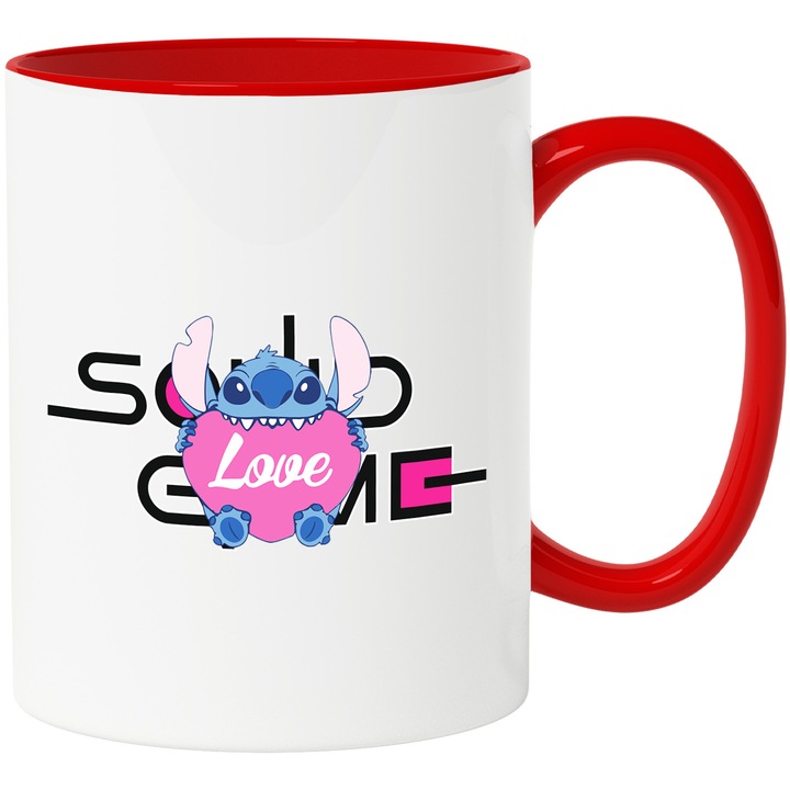 Cana Cu Stitch, Cu Textul "Squid Game" - Design 9, Ceramica, 330ML, Cu Maner si Interior Rosu