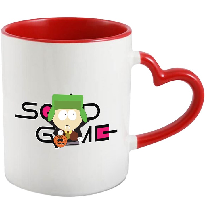Cana Cu Southpark, Cu Textul "Squid Game" - Design 10, Ceramica, 330ML, Cu Maner Inima Rosie si Interior Rosu