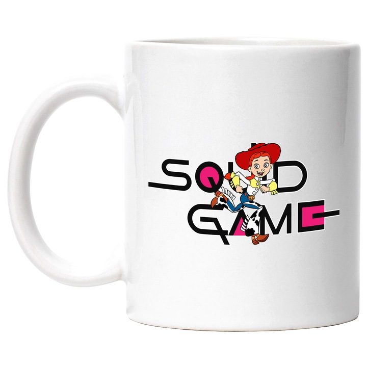 Cana Cu Toy Story, Cu Textul "Squid Game" - Design 5, Ceramica, 330ML, Cu Maner si Interior Alb