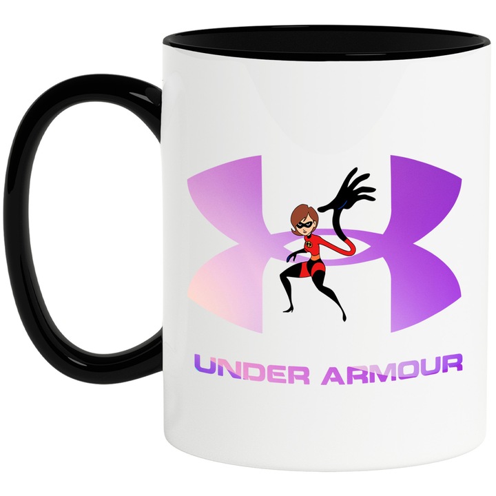 Cana Cu The Incredibles, Cu Textul "Under Armor" - Design 5, Ceramica, 330ML, Cu Maner si Interior Negru