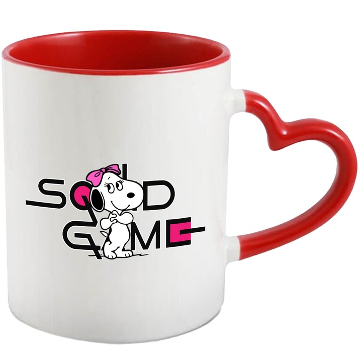 Cana Cu Snoopy, Cu Textul "Squid Game" - Design 6, Ceramica, 330ML, Cu Maner Inima Rosie si Interior Rosu