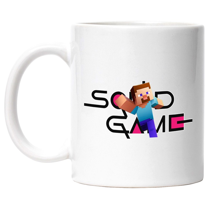 Cana Cu Minecraft, Cu Textul "Squid Game" - Design 1, Ceramica, 330ML, Cu Maner si Interior Alb