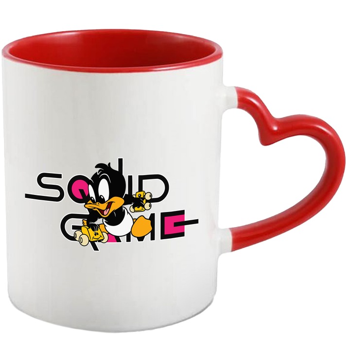 Cana Cu Looney Tunes, Cu Textul "Squid Game" - Design 10, Ceramica, 330ML, Cu Maner Inima Rosie si Interior Rosu