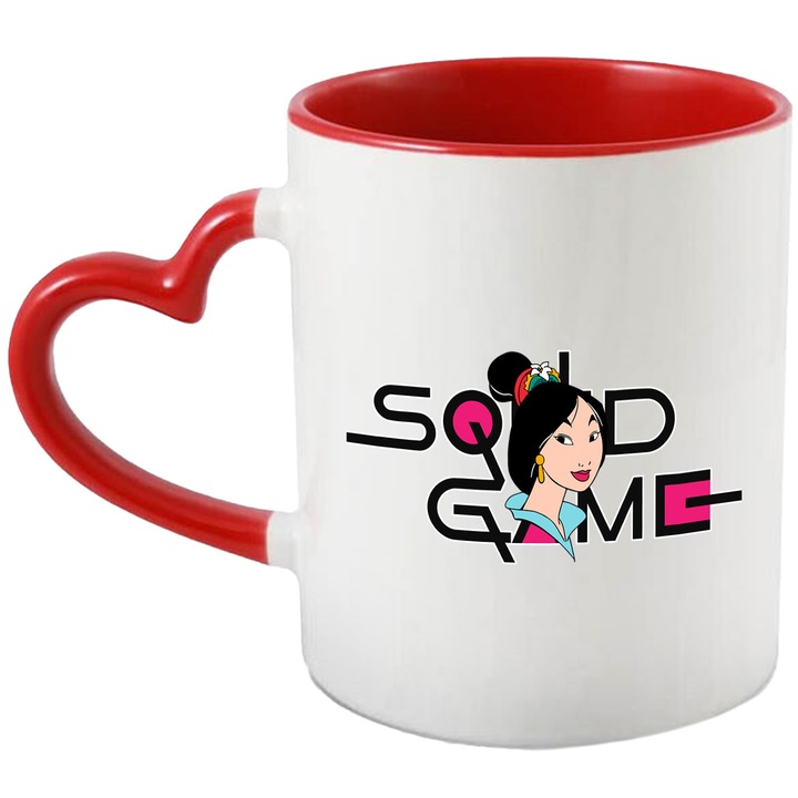 Cana Cu Mulan, Cu Textul "Squid Game" - Design 2, Ceramica, 330ML, Cu Maner Inima Rosie si Interior Rosu