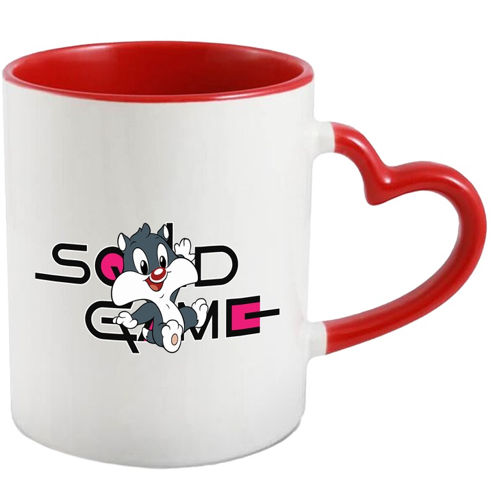 Cana Cu Looney Tunes, Cu Textul "Squid Game" - Design 7, Ceramica, 330ML, Cu Maner Inima Rosie si Interior Rosu