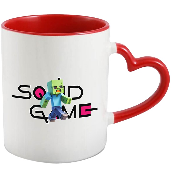 Cana Cu Minecraft, Cu Textul "Squid Game" - Design 3, Ceramica, 330ML, Cu Maner Inima Rosie si Interior Rosu