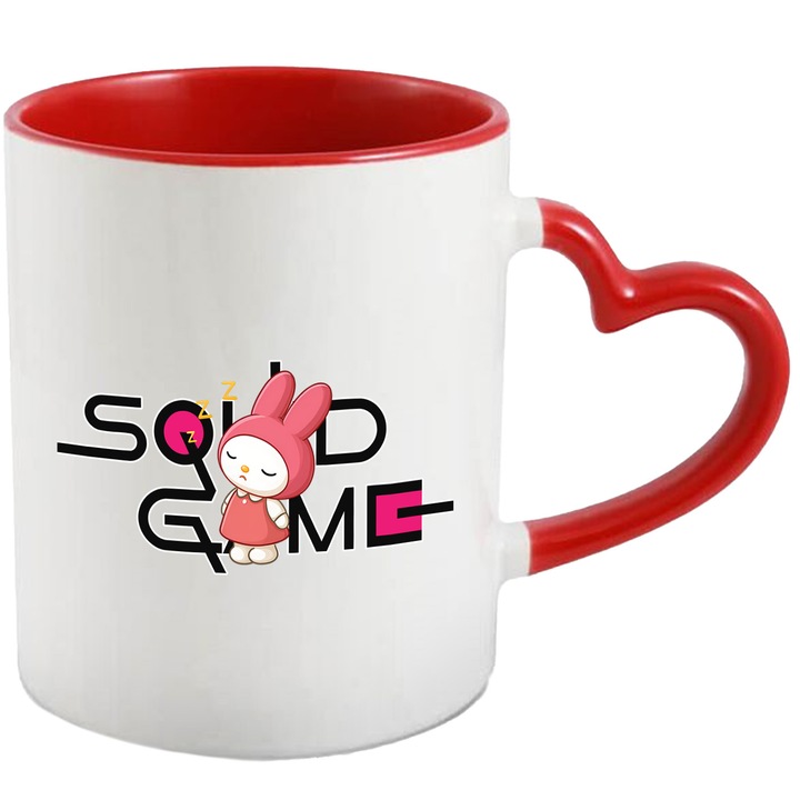 Cana Cu My melody, Cu Textul "Squid Game" - Design 5, Ceramica, 330ML, Cu Maner Inima Rosie si Interior Rosu