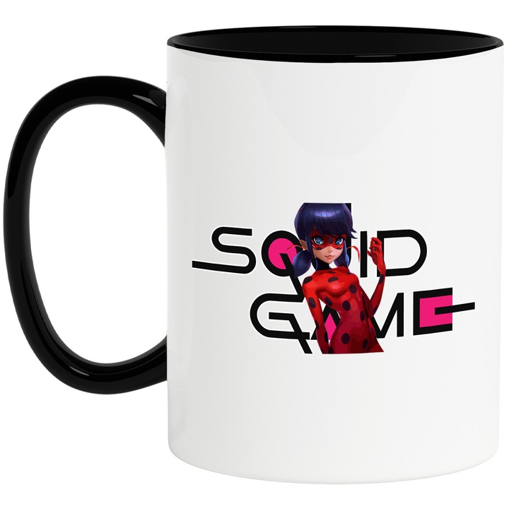 Cana Cu Lady Bug, Cu Textul "Squid Game" - Design 1, Ceramica, 330ML, Cu Maner si Interior Negru