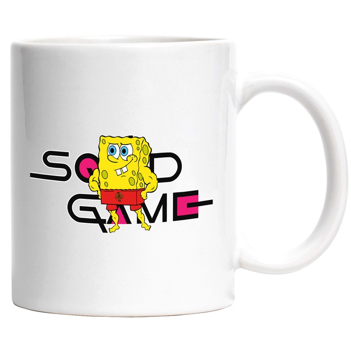 Cana Cu Spongebob, Cu Textul "Squid Game" - Design 6, Ceramica, 330ML, Cu Maner si Interior Alb