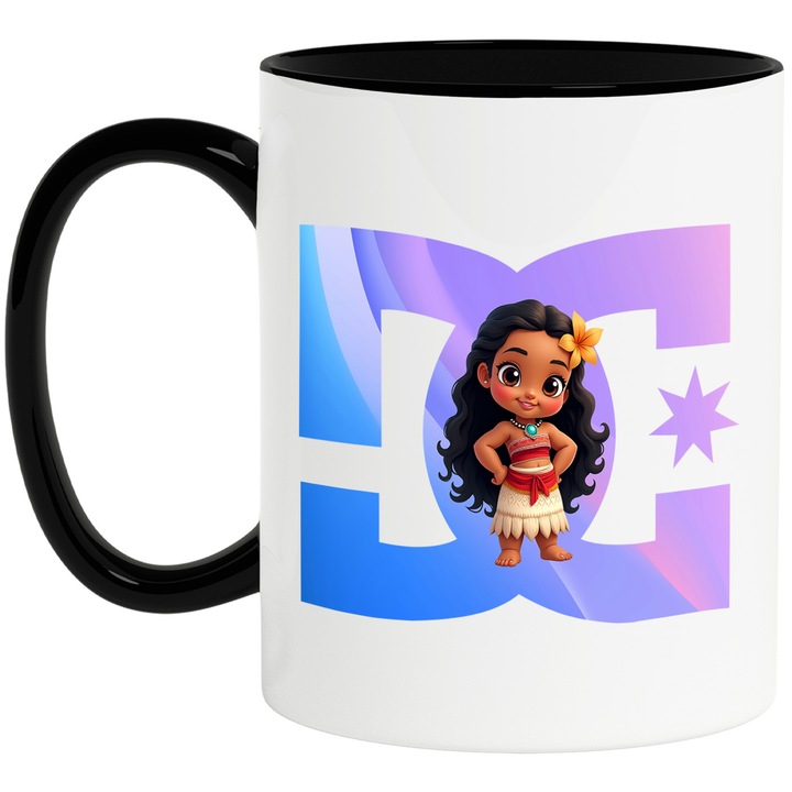 Cana Cu Moana, Cu Textul "DC" - Design 4, Ceramica, 330ML, Cu Maner si Interior Negru