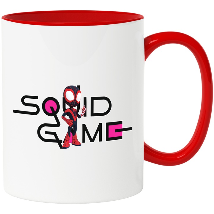 Cana Cu SpiderMan, Cu Textul "Squid Game" - Design 7, Ceramica, 330ML, Cu Maner si Interior Rosu