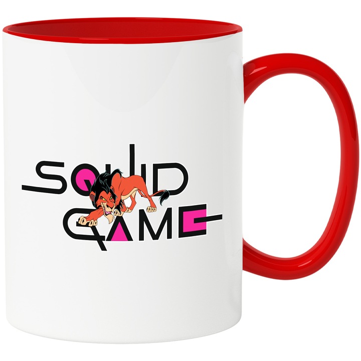 Cana Cu Timo si Pumba, Cu Textul "Squid Game" - Design 6, Ceramica, 330ML, Cu Maner si Interior Rosu