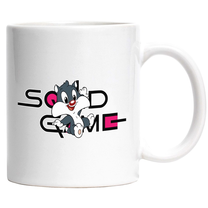 Cana Cu Looney Tunes, Cu Textul "Squid Game" - Design 7, Ceramica, 330ML, Cu Maner si Interior Alb