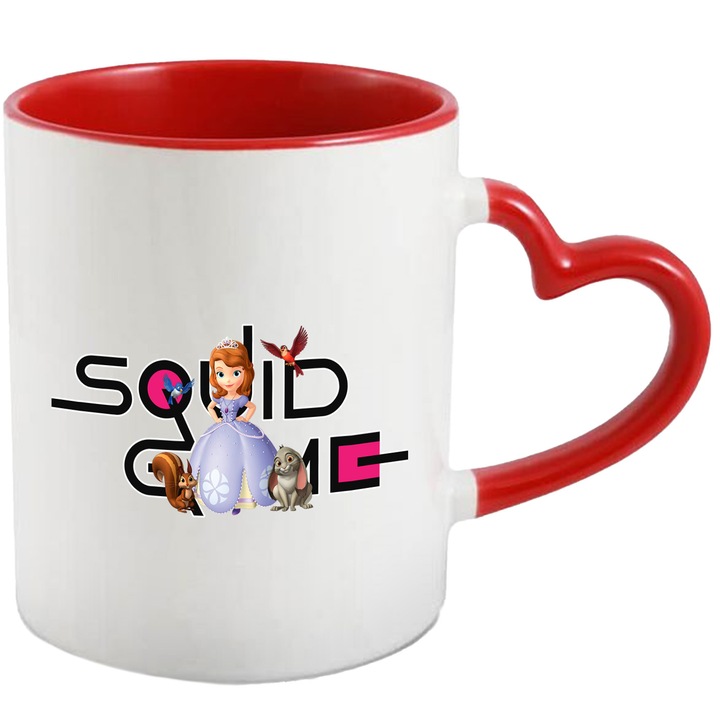 Cana Cu Sophia, Cu Textul "Squid Game" - Design 2, Ceramica, 330ML, Cu Maner Inima Rosie si Interior Rosu