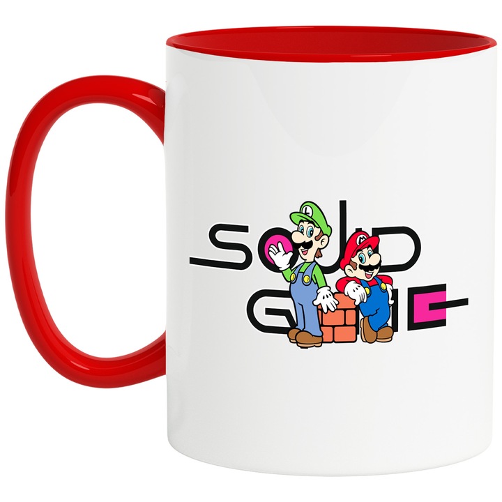 Cana Cu Mario, Cu Textul "Squid Game" - Design 2, Ceramica, 330ML, Cu Maner si Interior Rosu