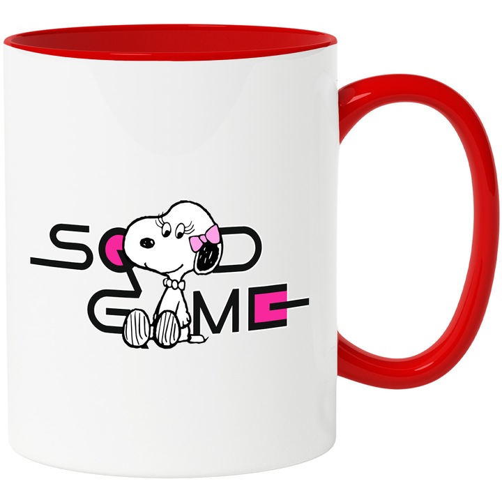 Cana Cu Snoopy, Cu Textul "Squid Game" - Design 4, Ceramica, 330ML, Cu Maner si Interior Rosu