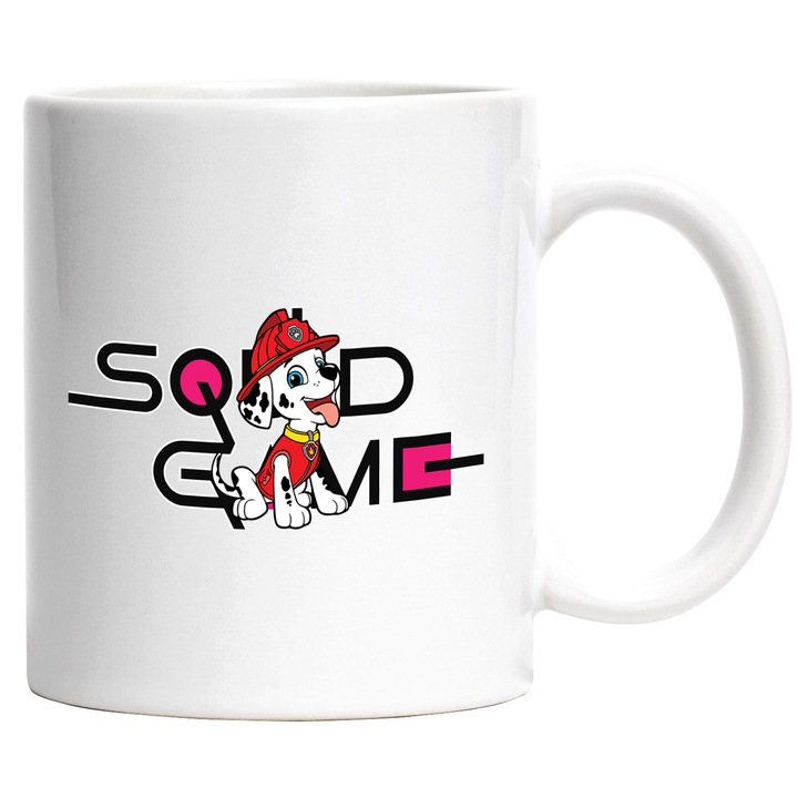 Cana Cu Patrula Catelusilor (), Cu Textul "png Squid Game" - Design 6, Ceramica, 330ML, Cu Maner si Interior Alb