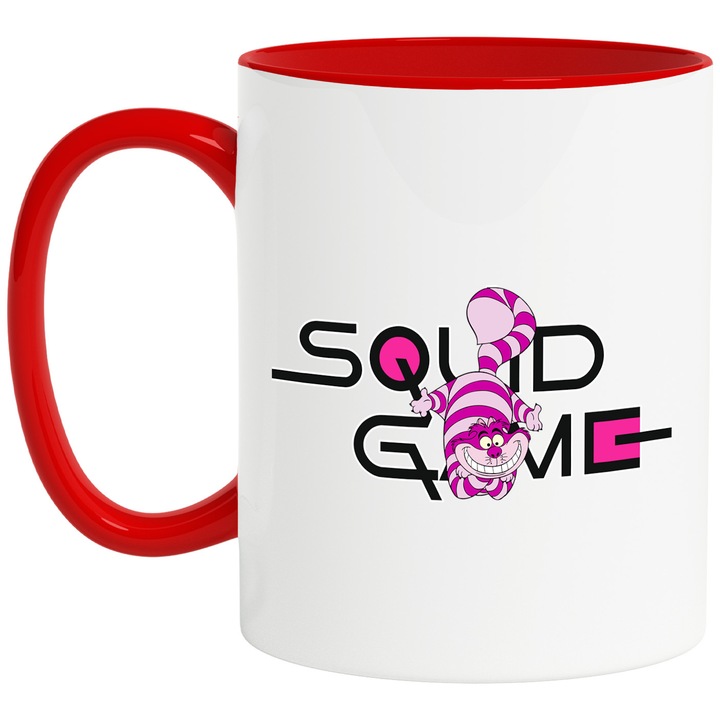 Cana Cu Pisica Cheshire, Cu Textul "Squid Game" - Design 3, Ceramica, 330ML, Cu Maner si Interior Rosu