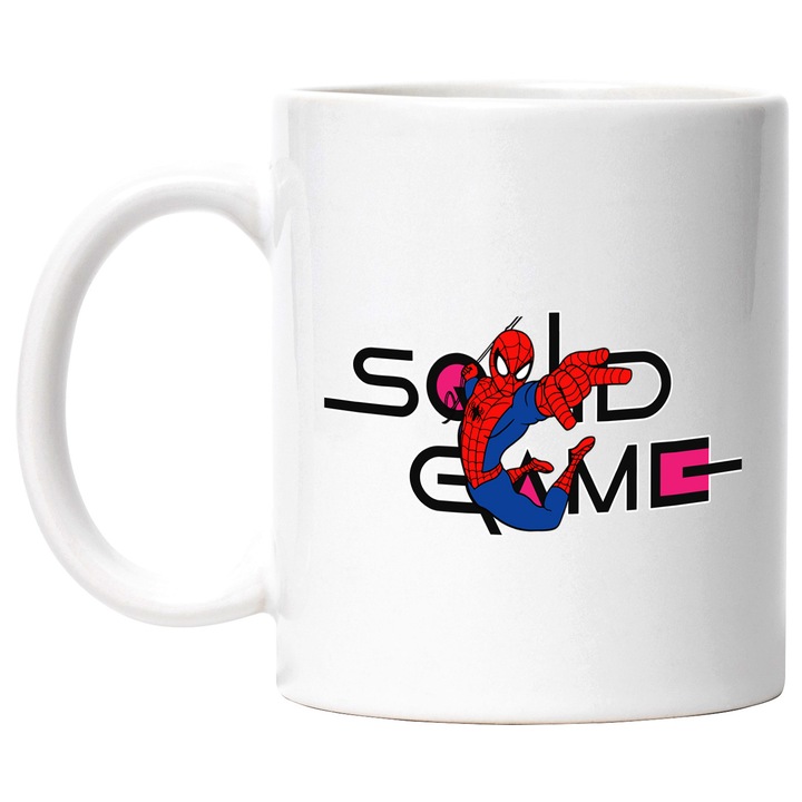 Cana Cu SpiderMan, Cu Textul "Squid Game" - Design 4, Ceramica, 330ML, Cu Maner si Interior Alb