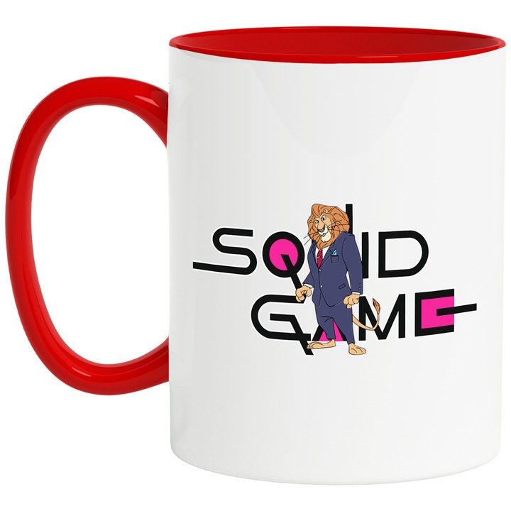 Cana Cu Zoopia, Cu Textul "Squid Game" - Design 1, Ceramica, 330ML, Cu Maner si Interior Rosu