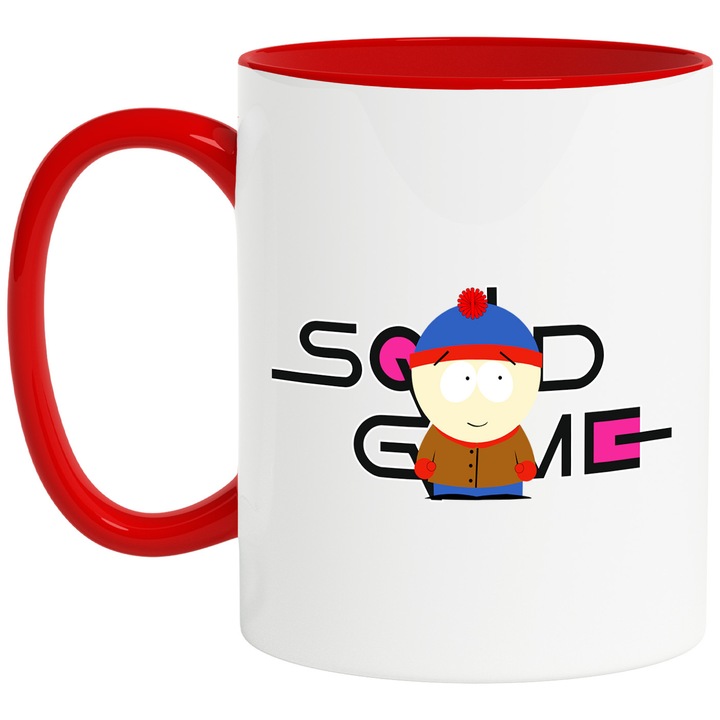 Cana Cu Southpark, Cu Textul "Squid Game" - Design 3, Ceramica, 330ML, Cu Maner si Interior Rosu