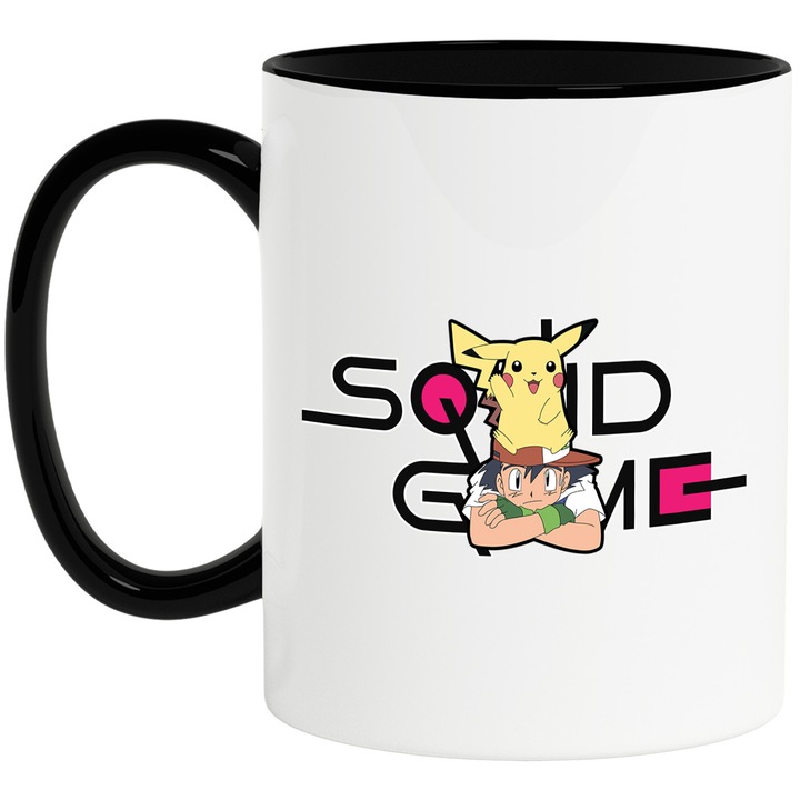 Cana Cu Pokemon, Cu Textul "Squid Game" - Design 18, Ceramica, 330ML, Cu Maner si Interior Negru