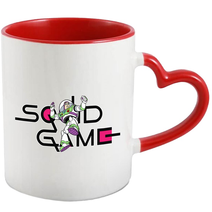 Cana Cu Toy Story, Cu Textul "Squid Game" - Design 8, Ceramica, 330ML, Cu Maner Inima Rosie si Interior Rosu