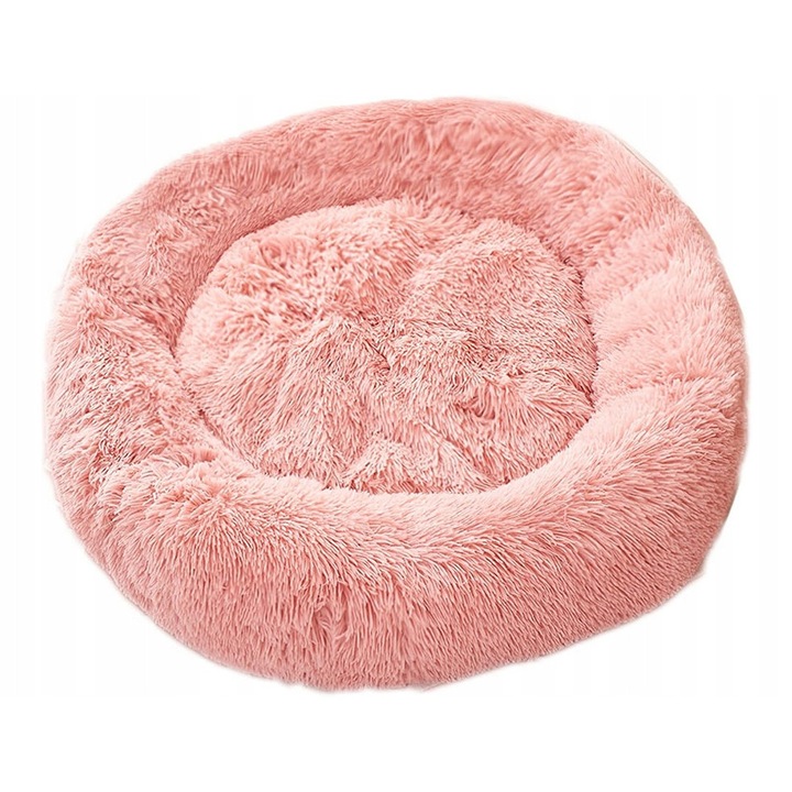 Culcus pentru caini si pisici din plus, moale, pufos, confortabil, diametru 80 cm, roz