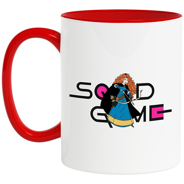 Cana Cu Brave, Cu Textul "Squid Game" - Design 4, Ceramica, 330ML, Cu Maner si Interior Rosu