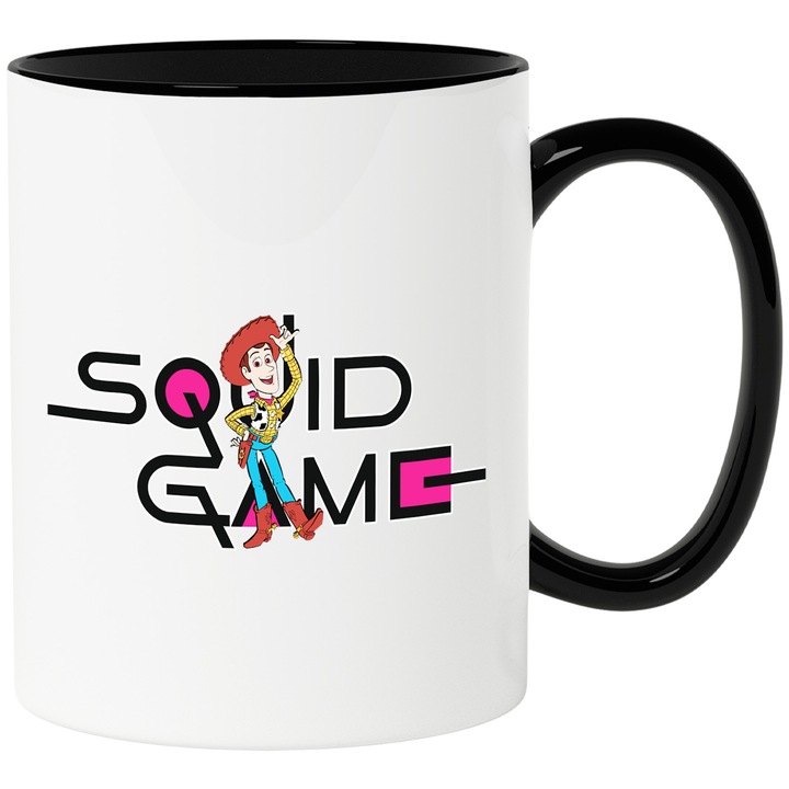 Cana Cu Toy Story, Cu Textul "Squid Game" - Design 10, Ceramica, 330ML, Cu Maner si Interior Negru