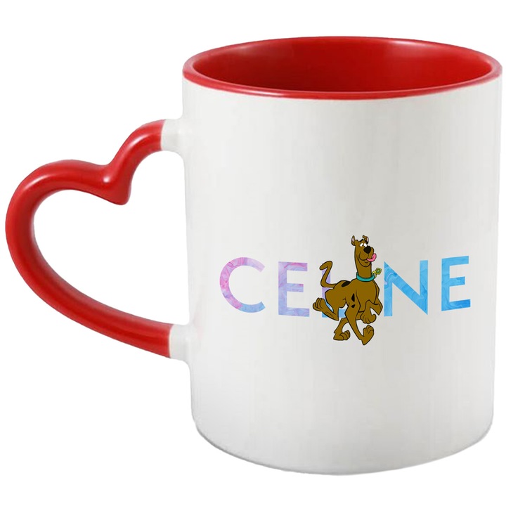 Cana Cu Scoobydoo, Cu Textul "Celine" - Design 4, Ceramica, 330ML, Cu Maner Inima Rosie si Interior Rosu