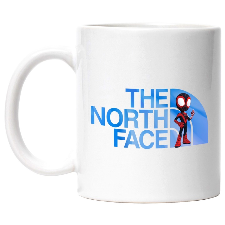 Cana Cu SpiderMan, Cu Textul "The North Face" - Design 7, Ceramica, 330ML, Cu Maner si Interior Alb