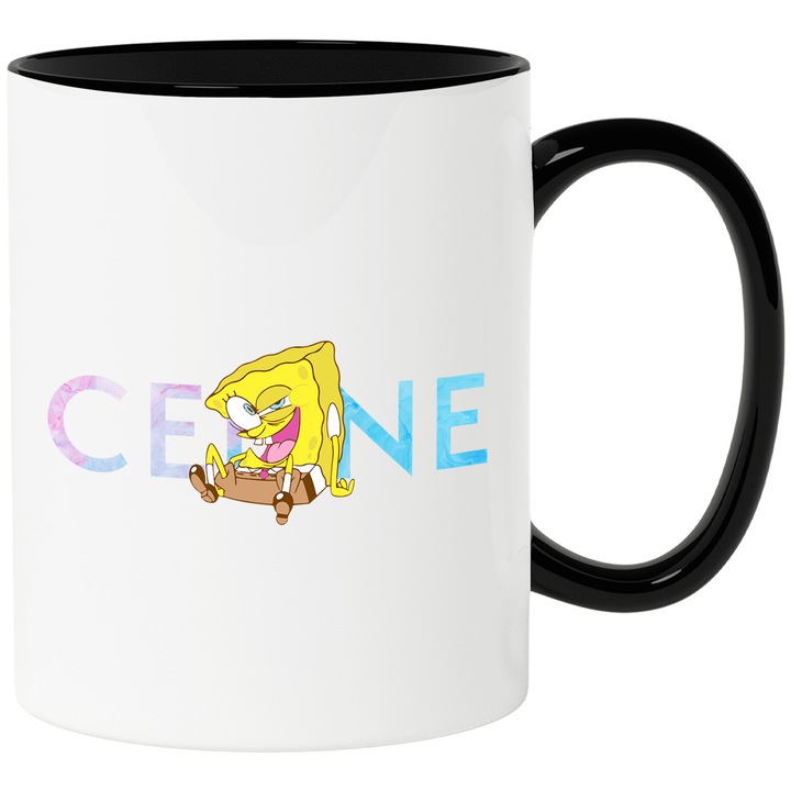 Cana Cu Spongebob, Cu Textul "Celine" - Design 8, Ceramica, 330ML, Cu Maner si Interior Negru