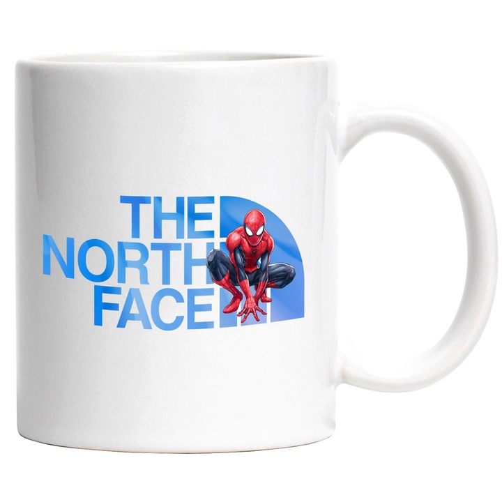Cana Cu SpiderMan, Cu Textul "The North Face" - Design 14, Ceramica, 330ML, Cu Maner si Interior Alb