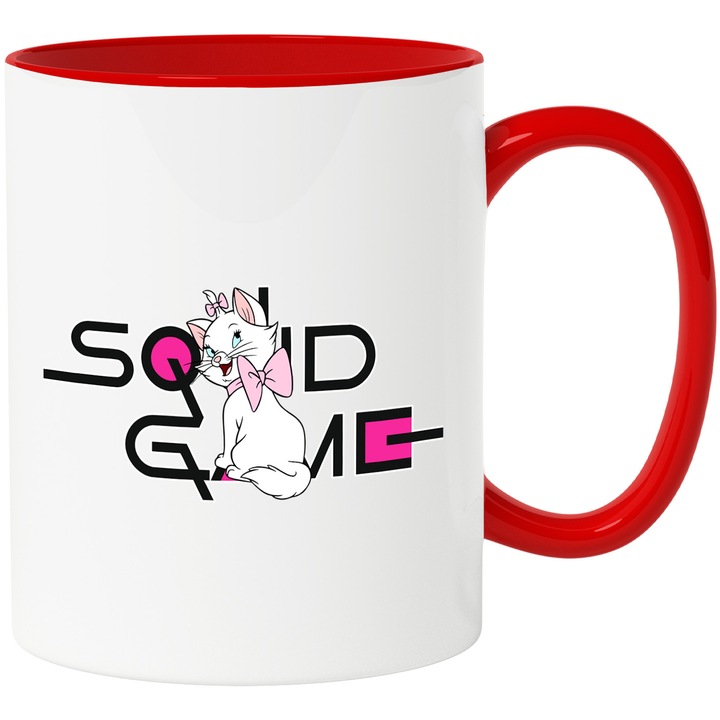 Cana Cu Pisicile Aristrocate, Cu Textul "Squid Game" - Design 7, Ceramica, 330ML, Cu Maner si Interior Rosu