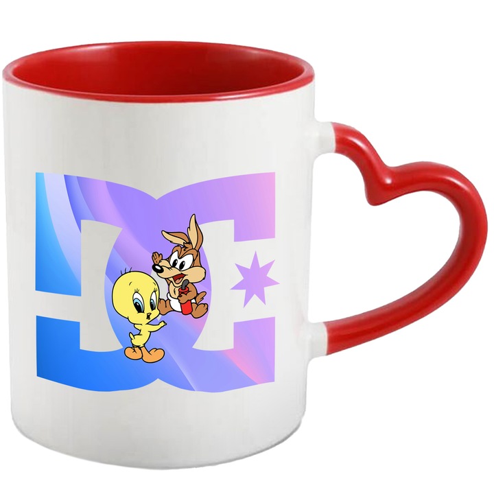 Cana Cu Tweety, Cu Textul "DC" - Design 5, Ceramica, 330ML, Cu Maner Inima Rosie si Interior Rosu