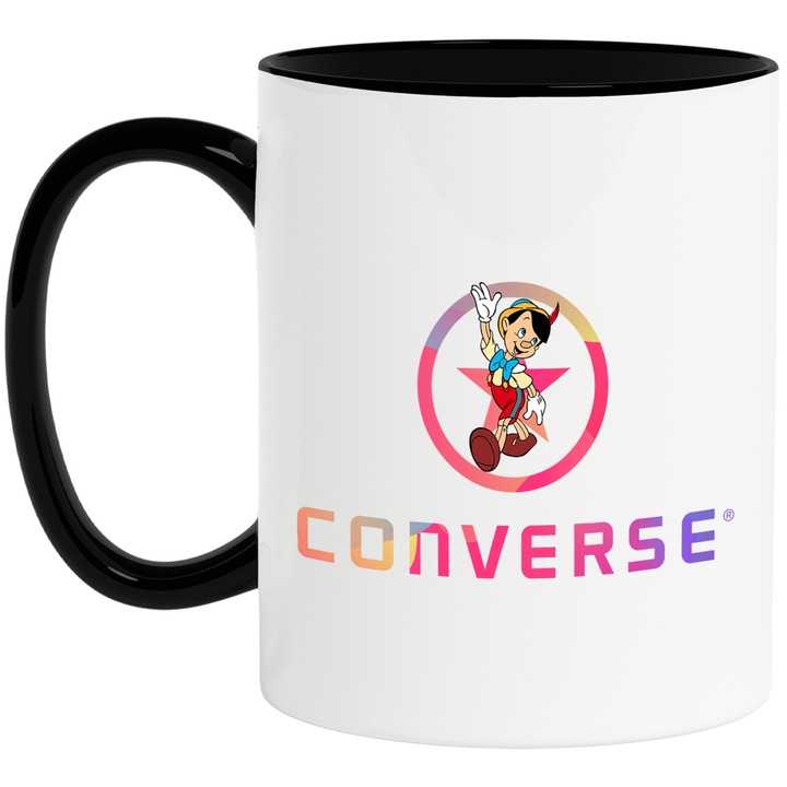 Cana Cu Pinocchio, Cu Textul "Converse" - Design 5, Ceramica, 330ML, Cu Maner si Interior Negru
