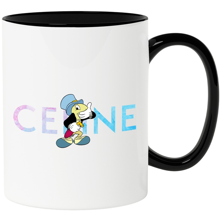 Cana Cu Pinocchio, Cu Textul "Celine" - Design 6, Ceramica, 330ML, Cu Maner si Interior Negru