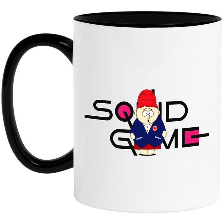 Cana Cu Southpark, Cu Textul "Squid Game" - Design 7, Ceramica, 330ML, Cu Maner si Interior Negru