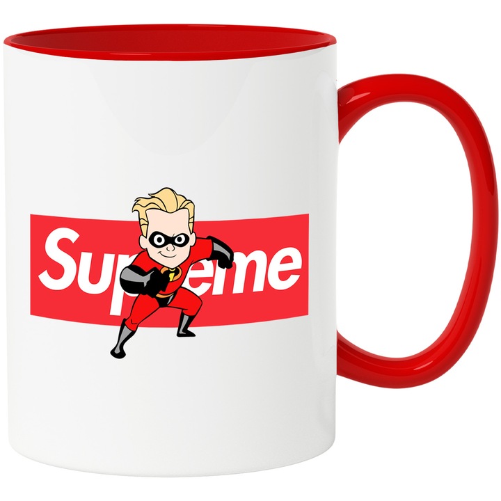 Cana Cu The Incredibles, Cu Textul "Supreme" - Design 3, Ceramica, 330ML, Cu Maner si Interior Rosu
