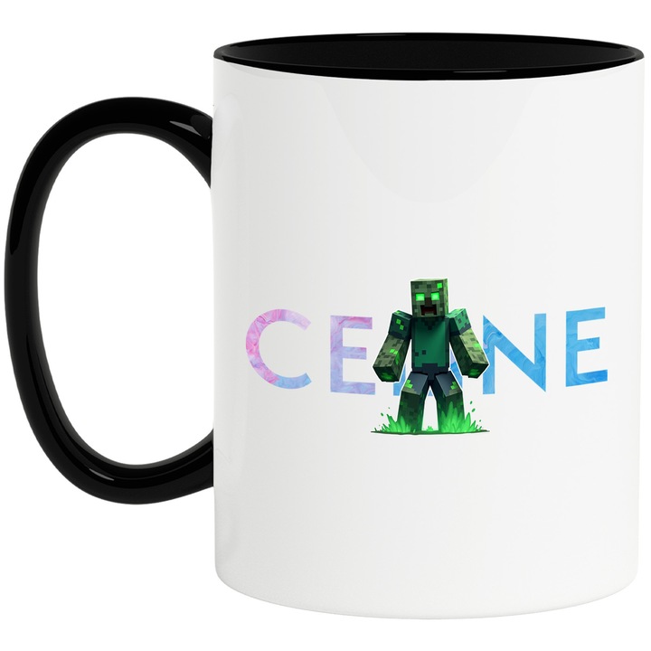 Cana Cu Minecraft, Cu Textul "Celine" - Design 4, Ceramica, 330ML, Cu Maner si Interior Negru