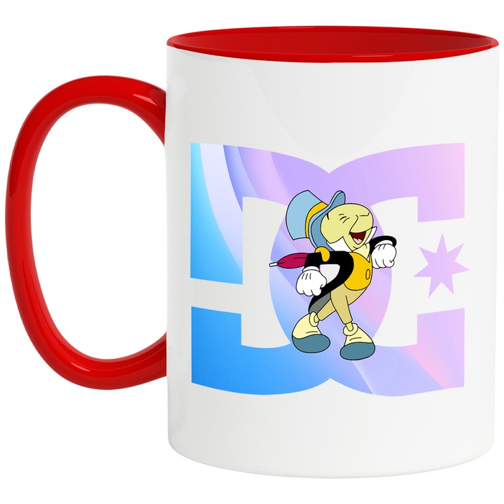 Cana Cu Pinocchio, Cu Textul "DC" - Design 7, Ceramica, 330ML, Cu Maner si Interior Rosu