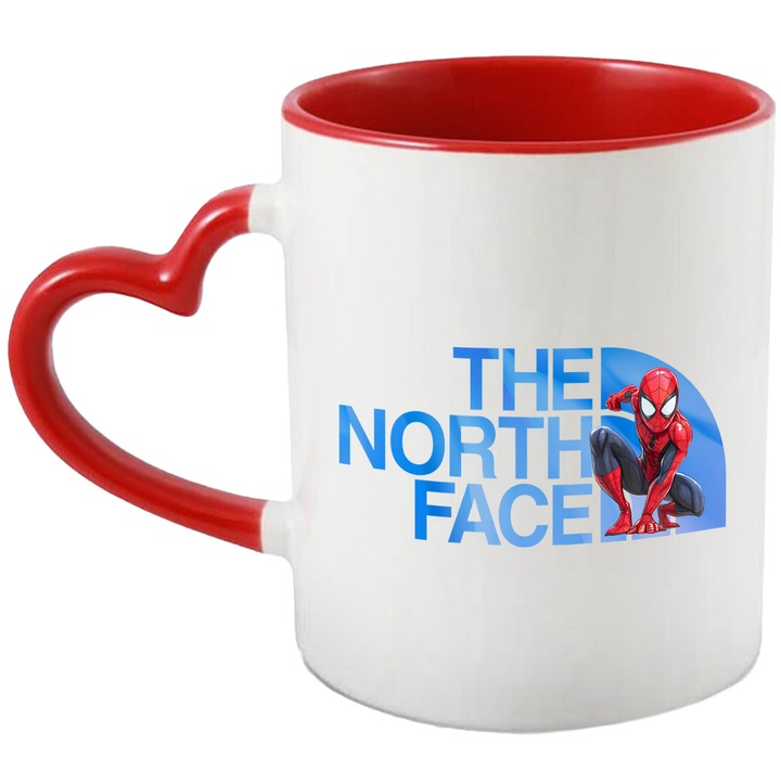 Cana Cu SpiderMan, Cu Textul "The North Face" - Design 13, Ceramica, 330ML, Cu Maner Inima Rosie si Interior Rosu