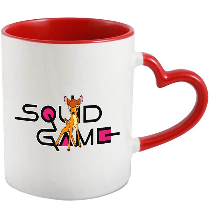 Cana Cu Bambi, Cu Textul "Squid Game" - Design 3, Ceramica, 330ML, Cu Maner Inima Rosie si Interior Rosu