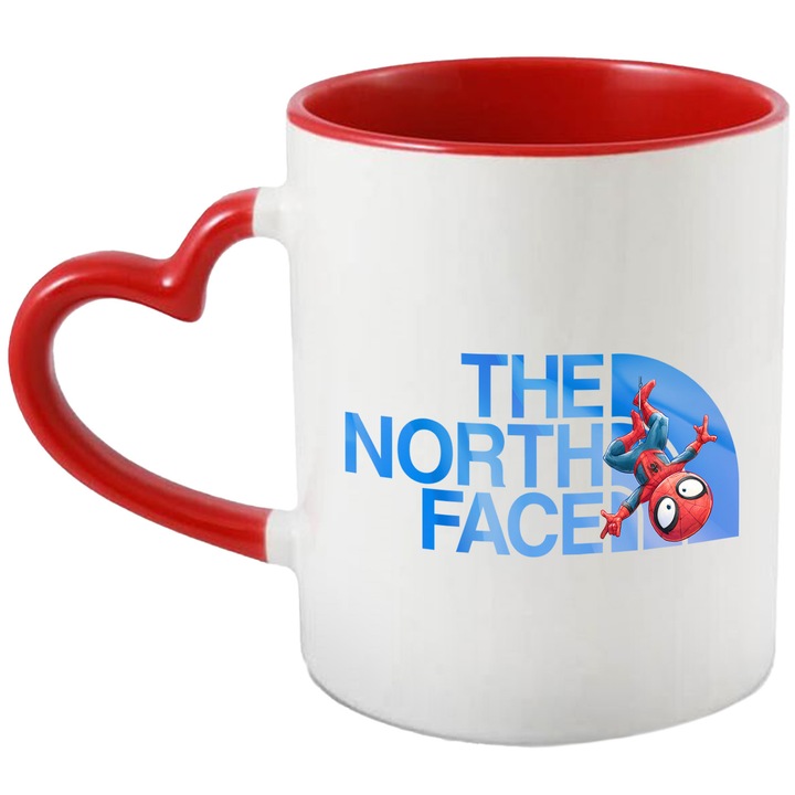 Cana Cu SpiderMan, Cu Textul "The North Face" - Design 10, Ceramica, 330ML, Cu Maner Inima Rosie si Interior Rosu