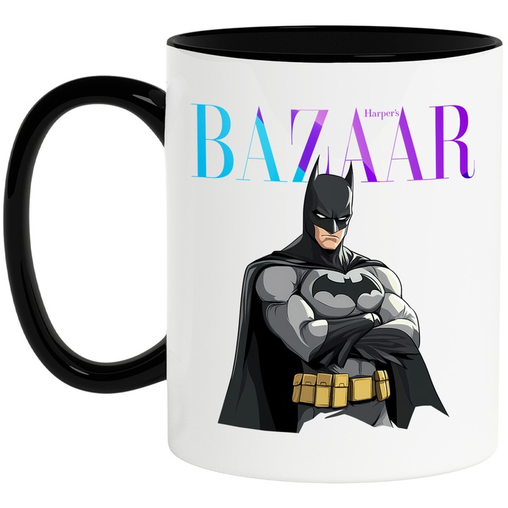 Cana Cu Batman, Cu Textul "Bazaar" - Design 4, Ceramica, 330ML, Cu Maner si Interior Negru