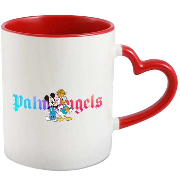 Cana Cu Mickey si Minnie, Cu Textul "Palms Angels" - Design 80, Ceramica, 330ML, Cu Maner Inima Rosie si Interior Rosu