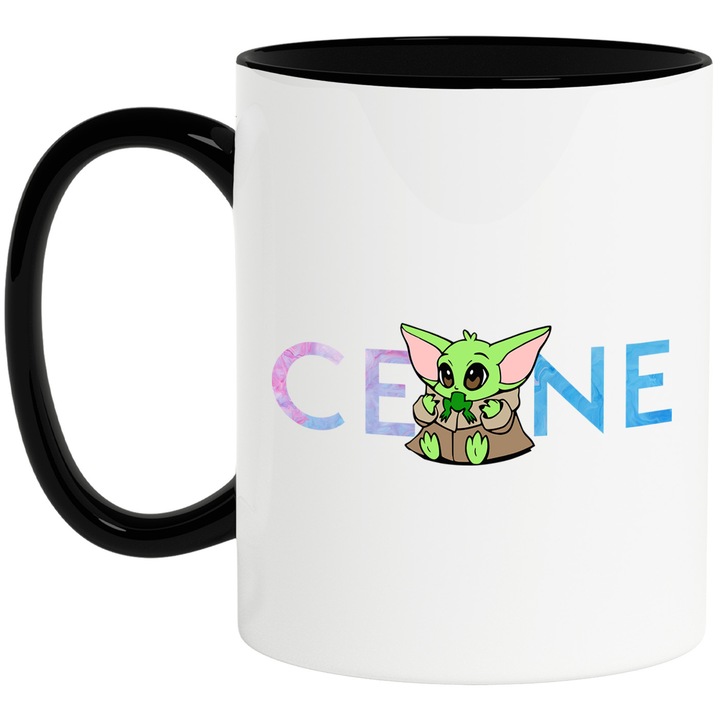 Cana Cu Baby Yoda, Cu Textul "Celine" - Design 4, Ceramica, 330ML, Cu Maner si Interior Negru