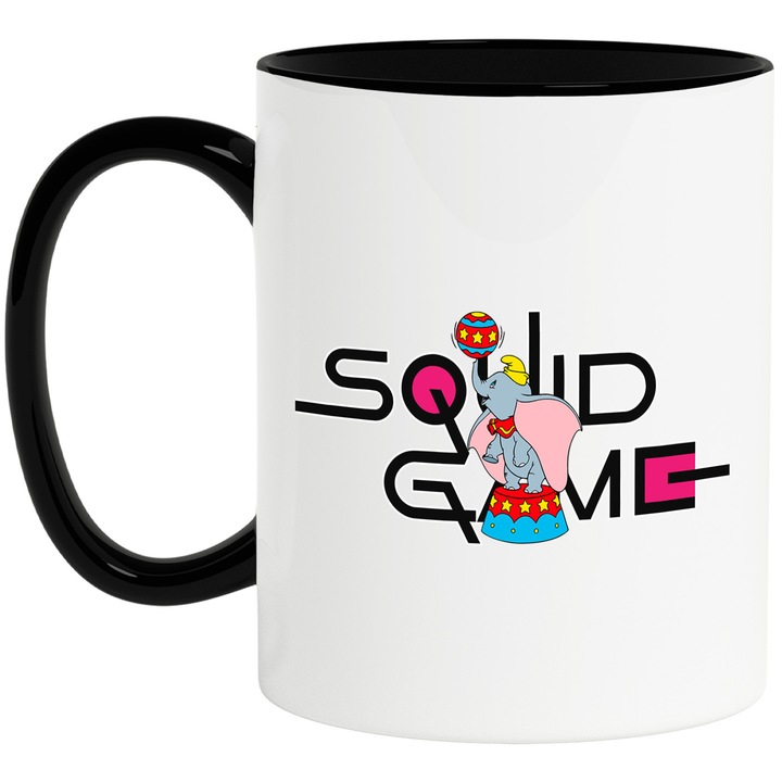 Cana Cu Dumbo, Cu Textul "Squid Game" - Design 4, Ceramica, 330ML, Cu Maner si Interior Negru